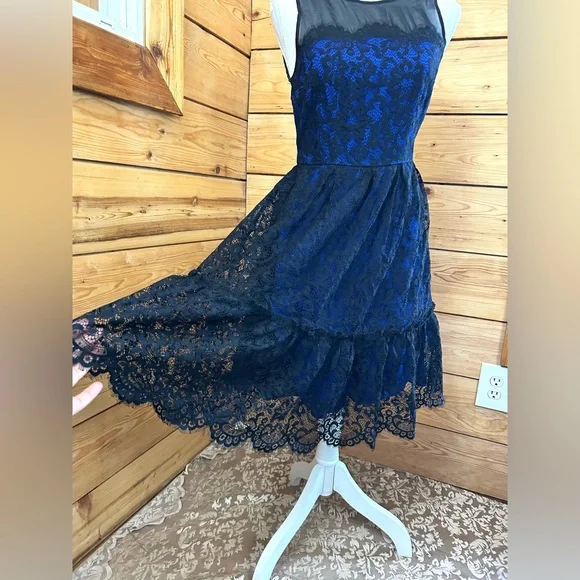 Moulinette Soeurs A-Line Dress Lace Silk Blue Black Fit & Flare Twirl‎ Prom HoCo - Picture 3 of 10